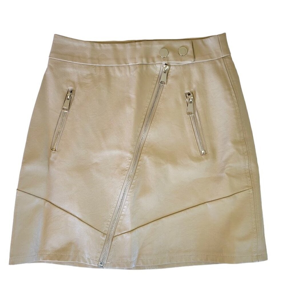 Kendall & Kylie Faux Leather Front Zip Moto Mini Skirt Beige Size S